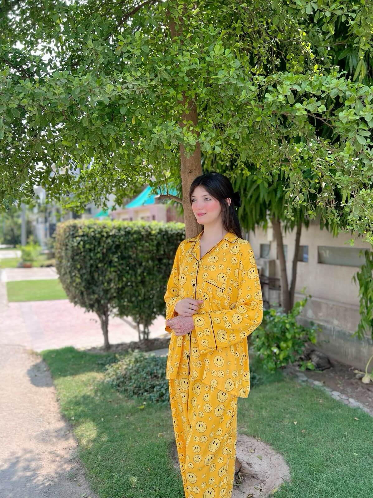 Yellow Smilies Print 2-Piece Stitched Sleepwear