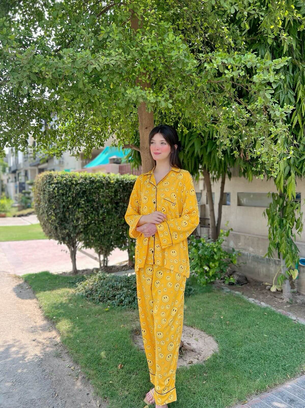 Yellow Smilies Print 2-Piece Stitched Sleepwear