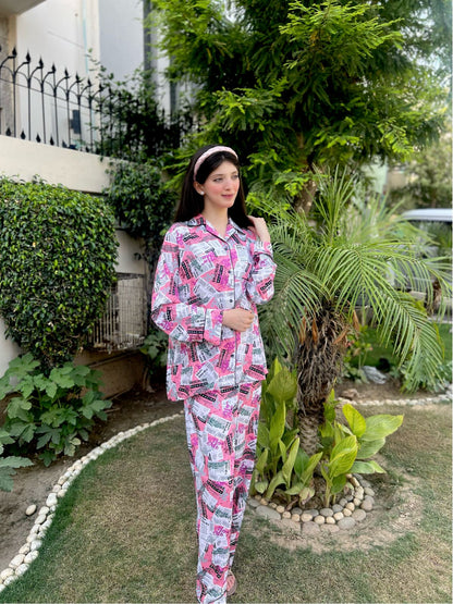Newspaper Print 2-Piece Stitched Sleepwear