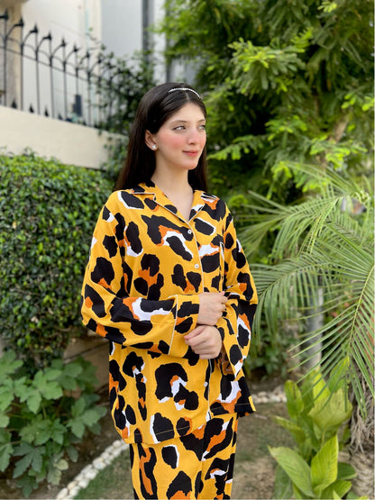 Yellow Leopard Print 2-Piece Stitched Sleepwear