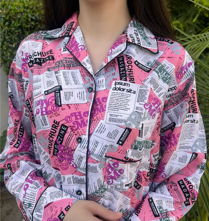 Newspaper Print 2-Piece Stitched Sleepwear