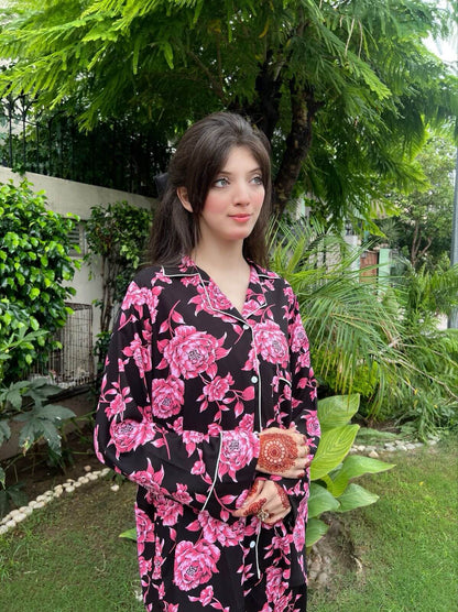 Pink Rose Print 2-Piece Stitched Sleepwear