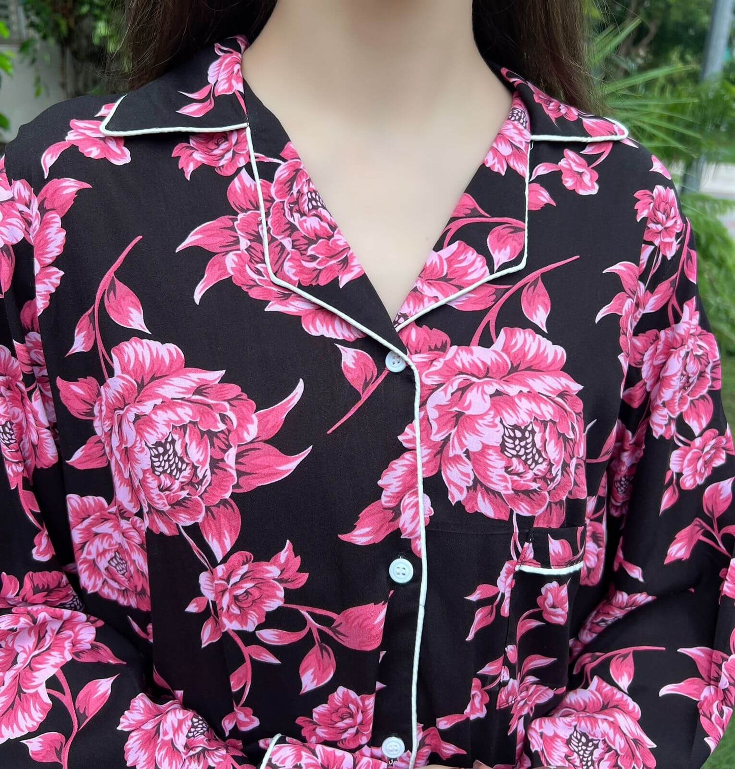 Pink Rose Print 2-Piece Stitched Sleepwear